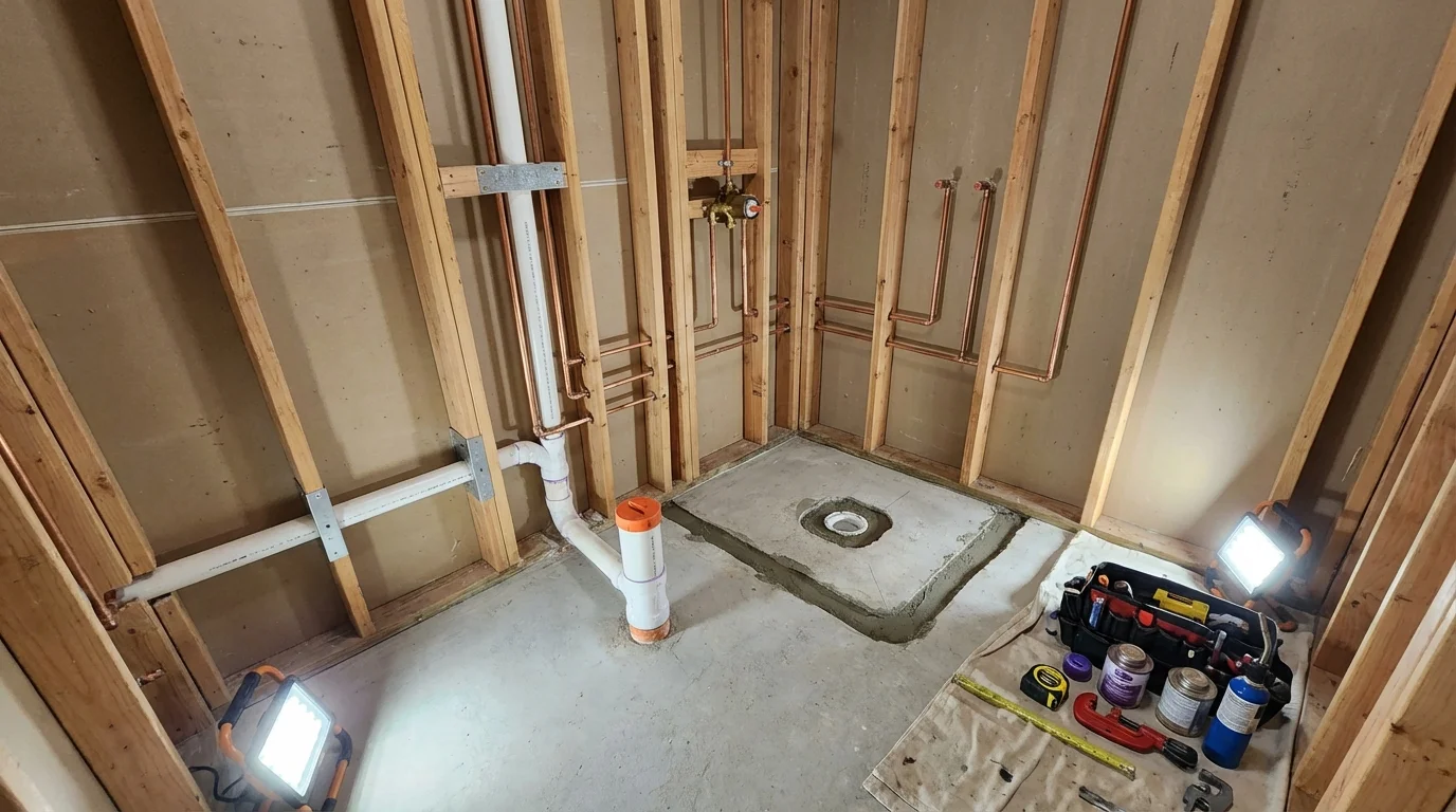 Bathroom rough-in plumbing during remodel by Johns Plumbing LLC in Gouverneur