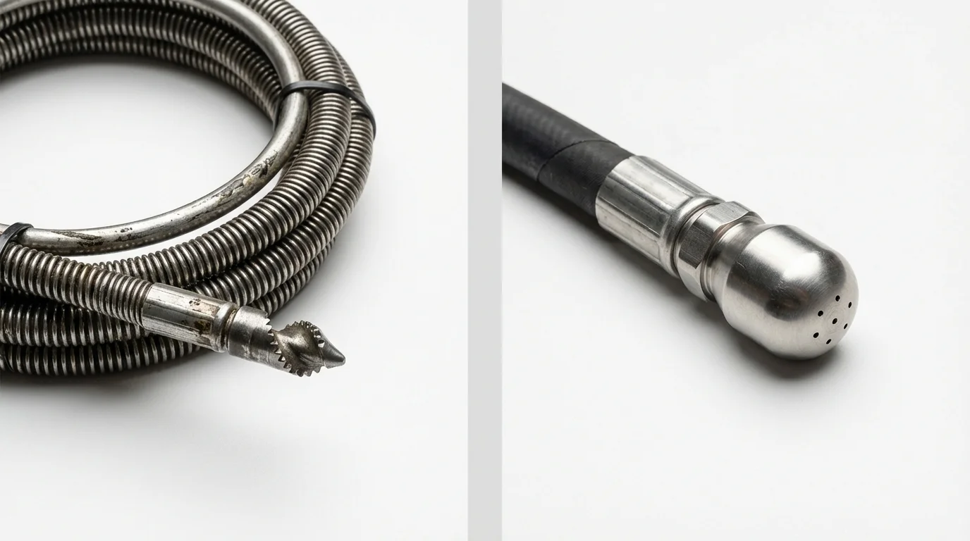 Drain snake cable and hydro jetting nozzle used for drain cleaning in Gouverneur, NY