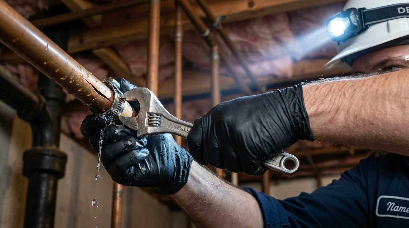 Emergency pipe clamp repair being performed by a Johns Plumbing LLC plumber in Gouverneur