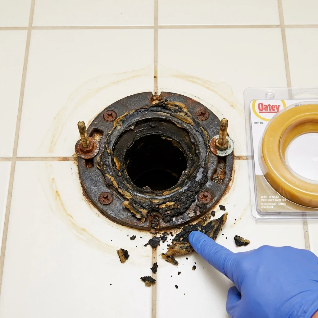 Failed wax ring showing water seepage at the base of a toilet in a Gouverneur, NY home