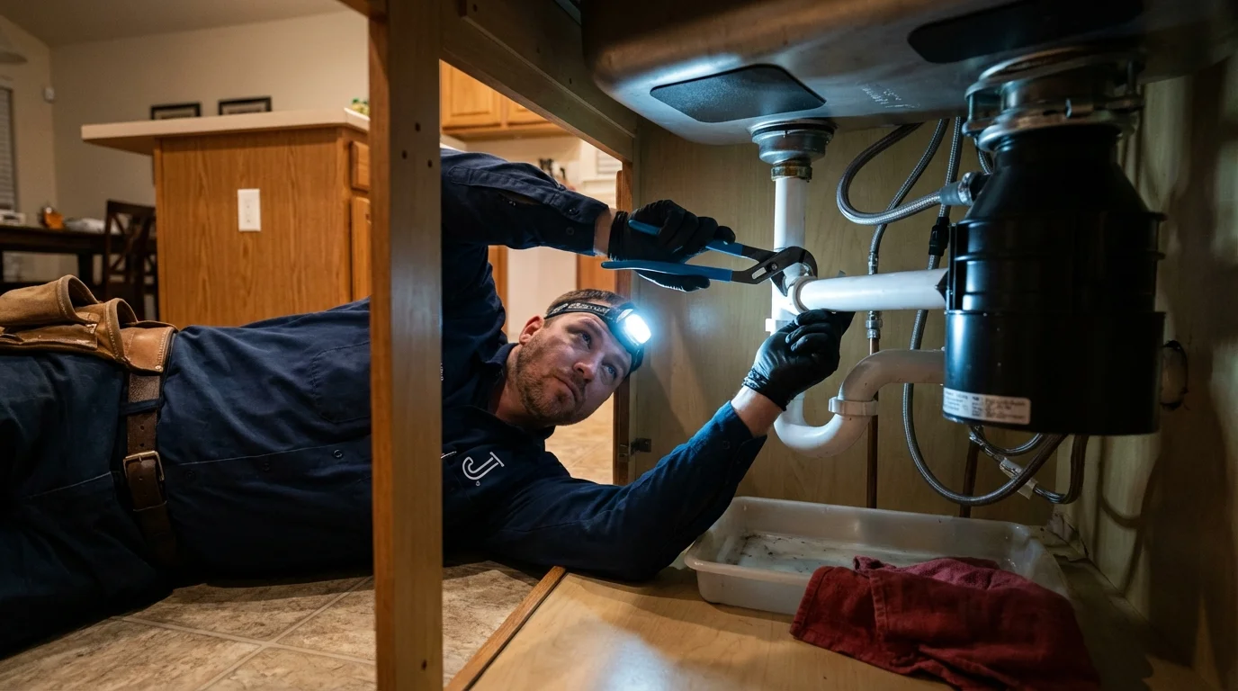 P-trap and supply line connections under a kitchen sink showing a common leak point in Gouverneur, NY